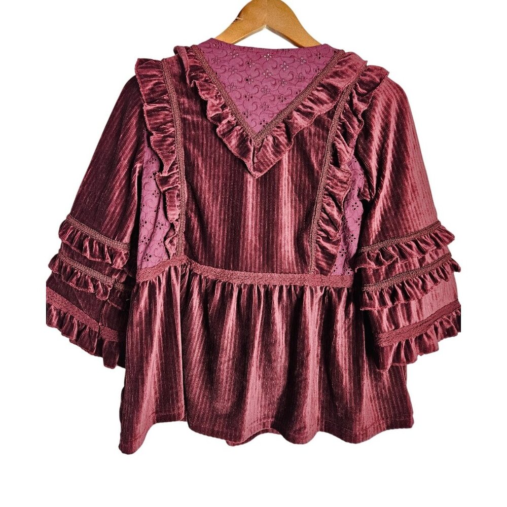 POL Ruffled Velvety Boho Eyelet Ribbed Babydoll Deep Burgundy Top Women S - Picture 5 of 7